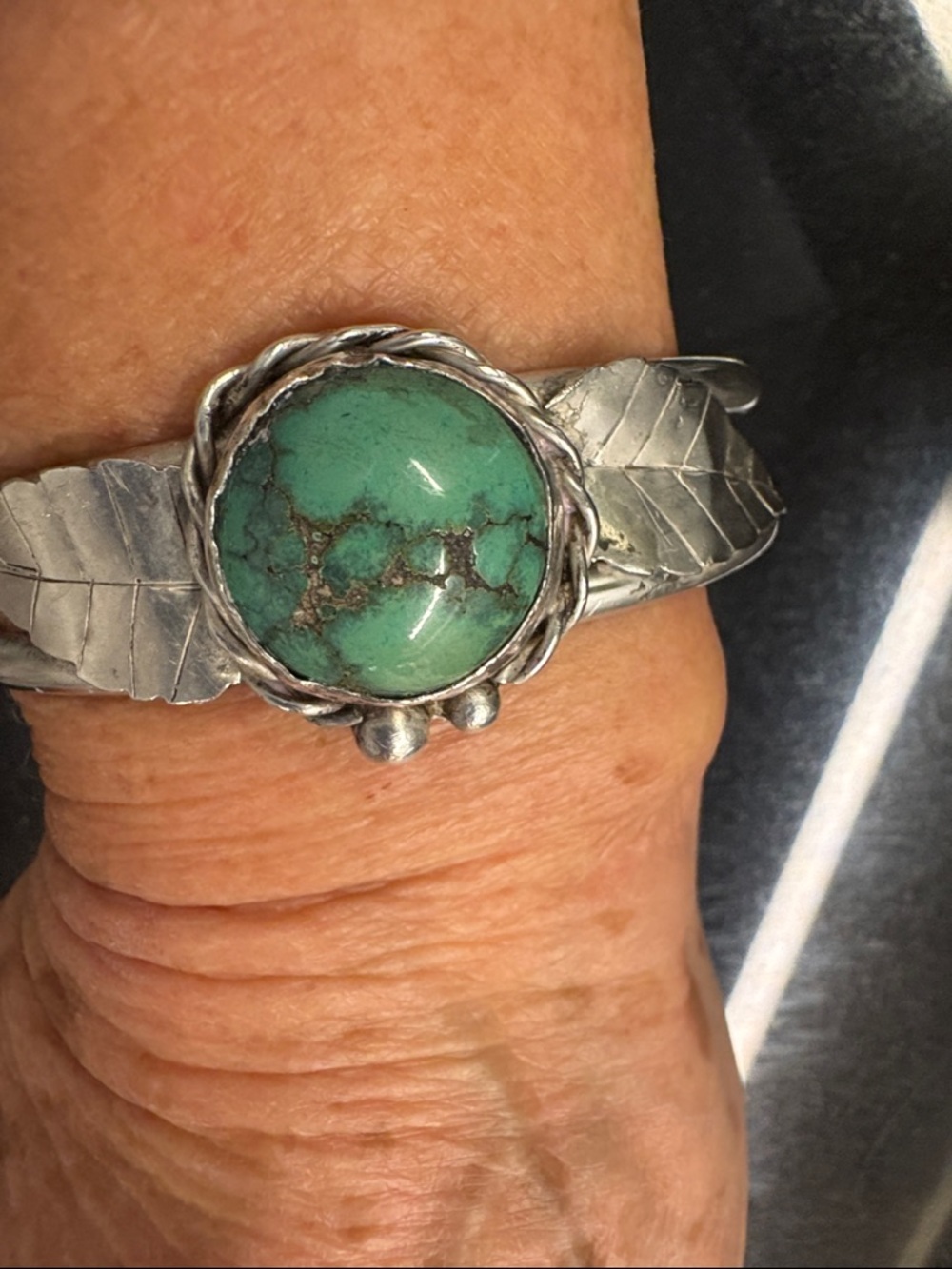 Turquoise Stone Silver Feather Cuff Bracelet - Women Jewelry - Picture 9 of 12